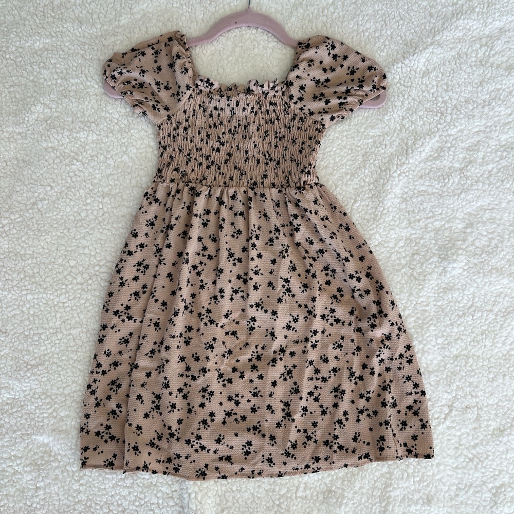 Floral Smocked Kids Dress - Black and Tan